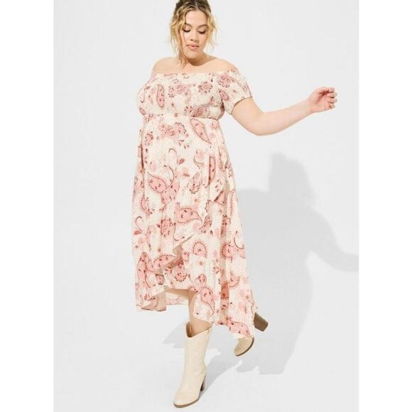 Torrid Maxi Challis Off Shoulder Tulip Hem Dress (Sz 1) - Picture 1 of 8